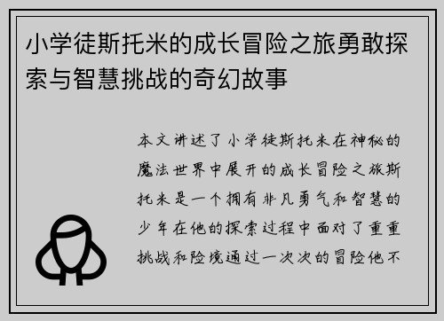 小学徒斯托米的成长冒险之旅勇敢探索与智慧挑战的奇幻故事
